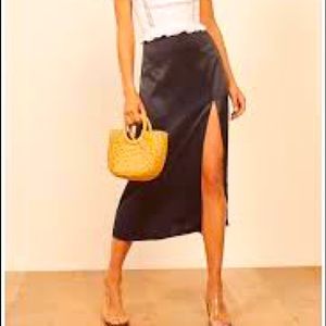 Reformation Pigalle Front Slit Satin Skirt Black